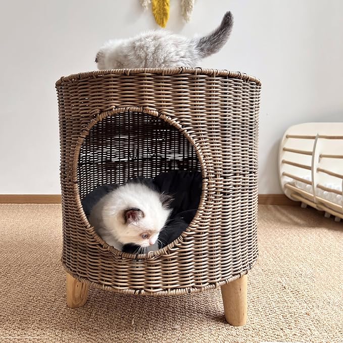Antique B Elevated Rattan Pet Bed - Breathable Double Layer Cat Villa, Dog Bed House, Outdoor Cat Furniture