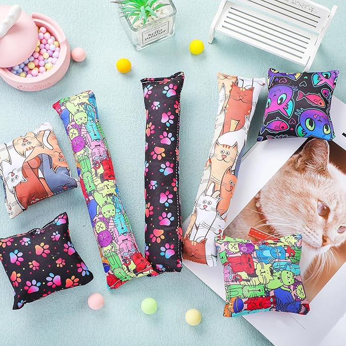 Hungdao 8 Pieces Catnip Kicker Toys Cat Kick Sticks Interactive Pillow Toys for Indoor Kitten Pet Chew Supplies, 2 Shapes and 4 Designs