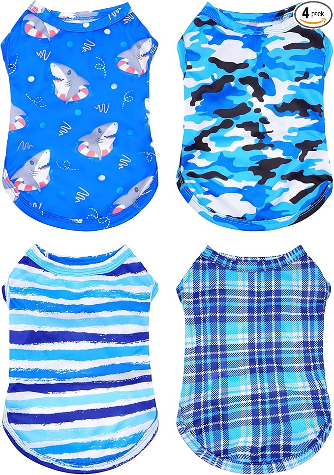 PET SHOW 4 Pack Paw Bone Printed Dog Clothes Shirts Soft Vest Lightweight Sleeveless Cats Doggies T-Shirts Puppies Tank Top Tee for Small Medium Dogs White Black Pink Blue (Small, Blue for Boys)