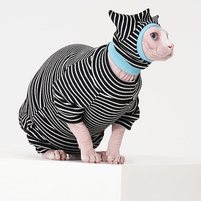 Sphynx Cat Clothes Black Stripe Breathable Shirts Suit, Pet Hat and Shirt Set (X-Large)