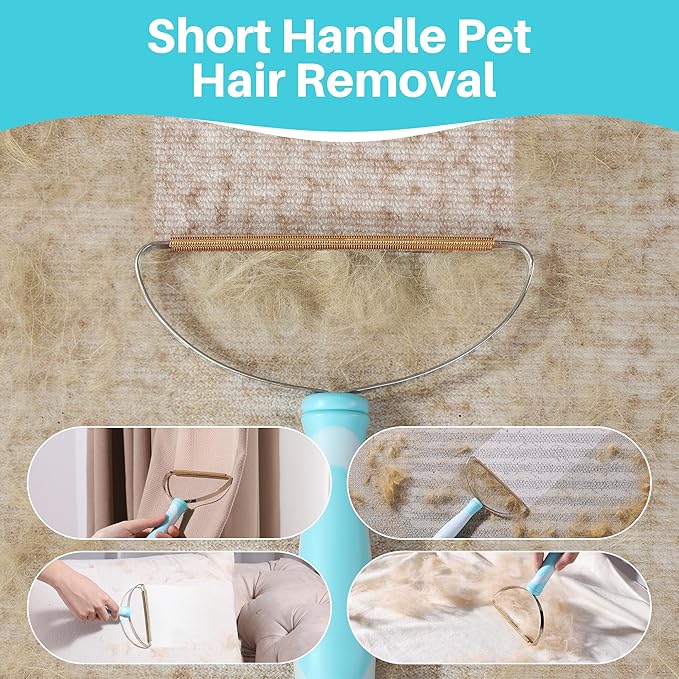 JOYMOOP 2 PCS Pet Hair Remover Set, 63" Adjustable Long Handle Rake and Short Handle Lint Scraper for Carpet, Sofa, Couch and Cloth, Metal & Silicone Fur Cleaning Tools for Cat and Dog
