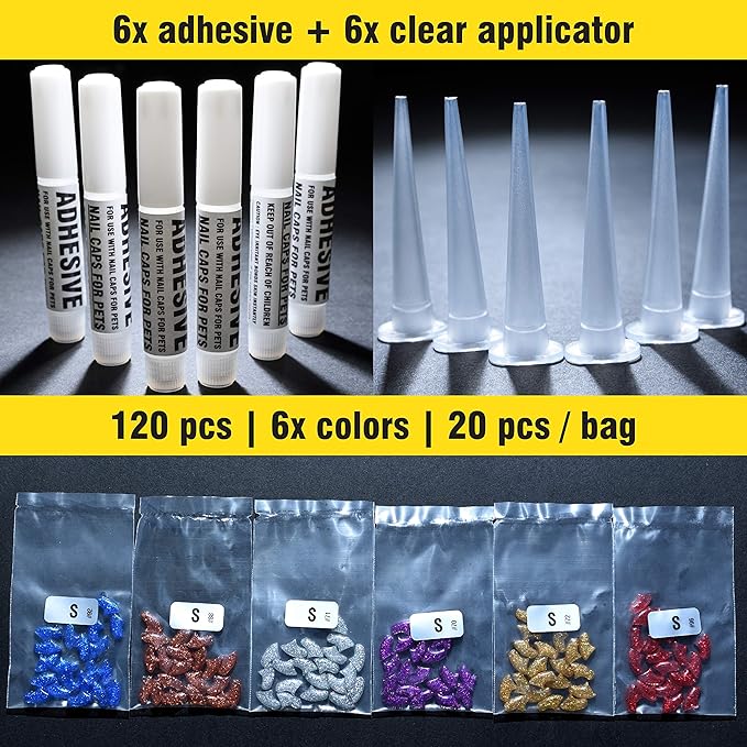 zetpo Glitter Cat Nail Caps | Cat Claw Covers | with Adhesives and Applicators (6X Glitter | 120 pcs, S)