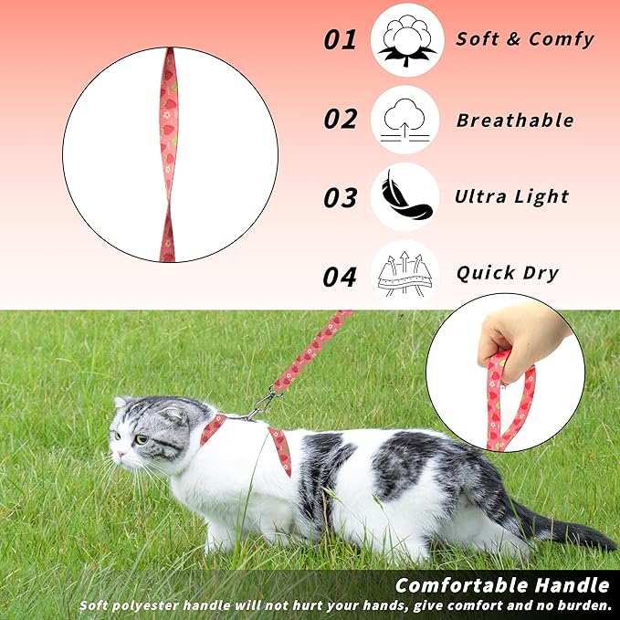 Seyezo Cat Harness and Leash Set, Adjustable Kitten Harness Escape Proof Cats Harness, Soft Lightweight Walking Travel Pet Harness, Cute Kitty Harness Leash Set for Small Medium Cats, Pink Strawberry