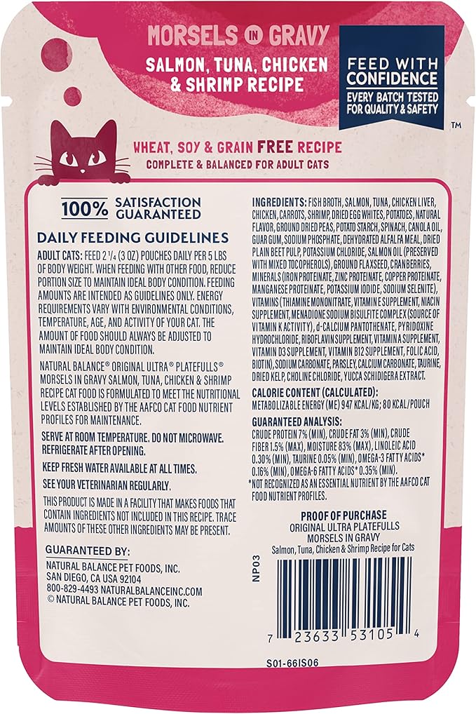 Natural Balance Original Ultra Platefulls Indoor Adult Grain Free Wet Cat Food, Salmon, Tune, Chicken & Shrimp Recipe, 3 Ounce Pouch (Pack of 24)