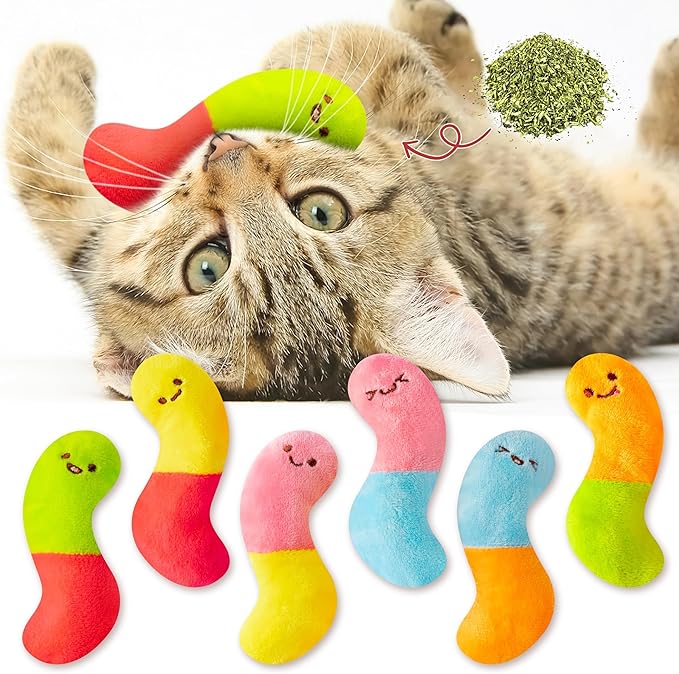 L1rabe Worm Candy Catnip Stuffed Toys for Cats- 6P Pet Days Colorful Worm Organic Kittens Toys Funny Indoor Chew Bite Kick Tools, Interactive Pet Supplies Cat Kittens Lovers Birthday Presents