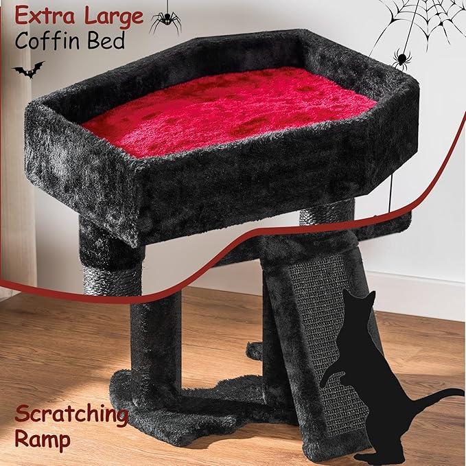 BEWISHOME Cat Tree Tower for Indoor Gothic Cat Trees with Coffin Bed, Cat Condo Cat House with Scratching Posts, Cat Shelves with Spider Toy, Pet Play Activity Center Black with Red, MMJ95R