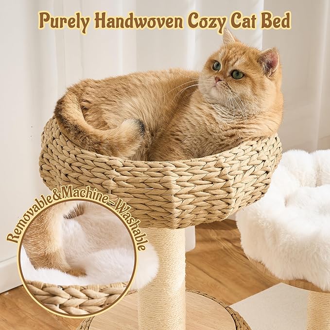Modern Cat Tree Tower for Indoor Cats, 30" Solid Wood & Rattan Cat Tree Tower with Scratching Posts & Self-Groomer, Super Soft Plush Bed, Hand-Made Wicker Cat Bed Cave for Small to Medium Cats