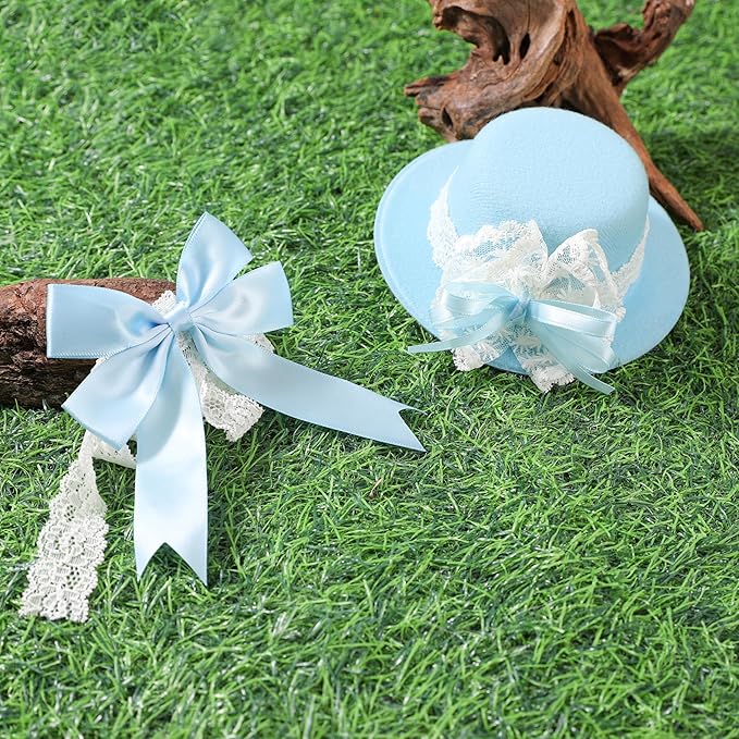 Lovelyshop Pet Bonnet Hat and Bowtie Set for Small Dogs Cats Puppy Kitten, Light Blue, Lace Vintage Spring Summer Style, Adjustable Tie