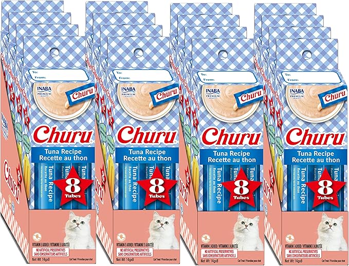 INABA Churu Lickable Purée Natural Cat Treats - Tuna Recipe, Case of 128 Tubes (16 Boxes of 8 Tubes Each)