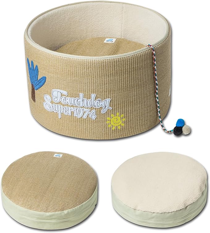 Pet Life ® Touchcat 'Clawver Nest' Rounded Kitty Scratcher Furniture Cat Bed Lounger with Scratching Exterior Shell and Built-in Hanging Teaser Cat Toy