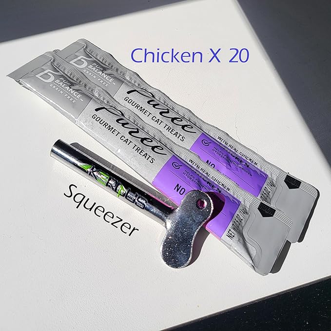 Squeezer & Cat Puree Box. Pure Balance Puree Gourmet Cat Treats Real Chicken Grain Free (20 Tubes)