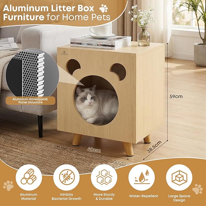 Cat End Table Aluminum Bed Table, Nightstand, Cat Litter Box Enclosure for Indoor and Outdoor with Cabinet Legs and Countertop, Weatherproof, Beige