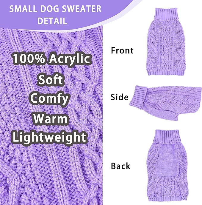 Dog Sweaters Small Dog Clothes Winter Turtleneck Puppy Sweater Warm Pet Cat Sweater Doggy Pullover Outfit with Twisted Design XS~XL (Purple, Large)