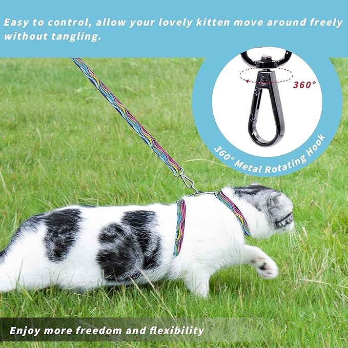 Seyezo Cat Harness and Leash Set, Adjustable Kitten Harness Escape Proof Cats Harness, Soft Lightweight Walking Travel Pet Harness, Cute Kitty Harness Leash Set for Small Medium Cats, Colourful Waves