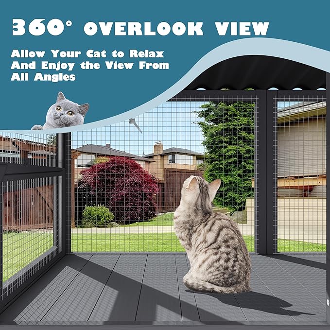Cat Catio, Cat Window Box for Multiple Indoor Cats, Catio Pet Perch with Metal Mesh Locking Side Door, Wooden Enclosure Window All Weather Use 360° Enjoying Outdoors (Gray, Large)