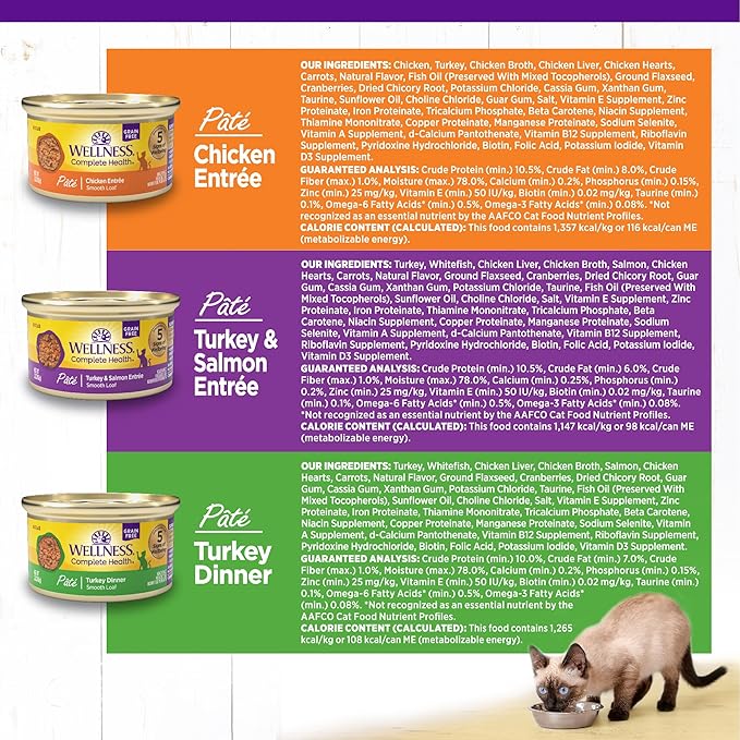 Wellness Complete Health Pate Variety Pack Adult Canned Wet Cat Food, Natural, Protein Rich, Grain Free, Chicken and Turkey Favorites, 3 oz, Pack of 12 Cans
