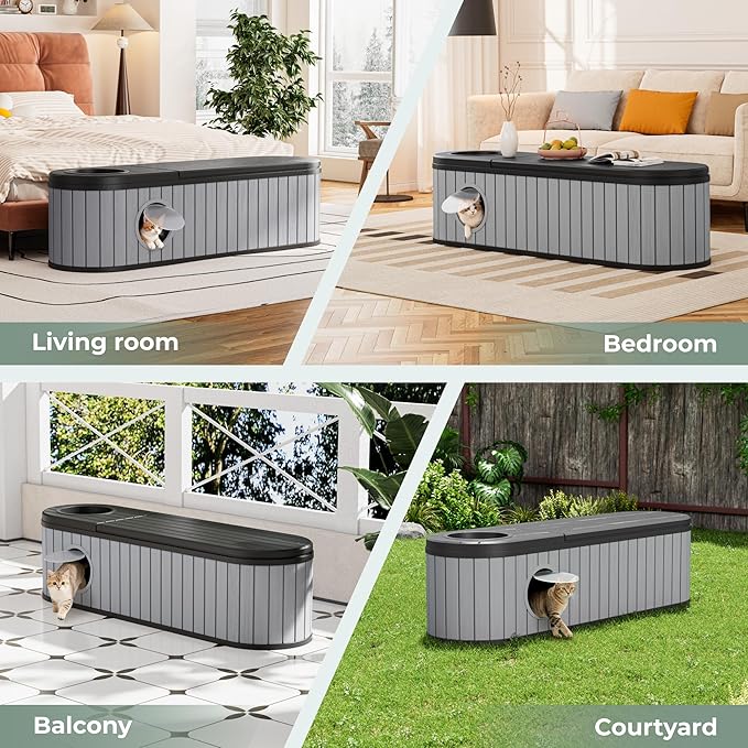 LHBcraft Cat Litter Box Enclosure for 2 Cats,Cat Houses for Indoor Cats,Hidden Litter Box Furniture with Round Lift-up Door-Easy to Assemble Grey