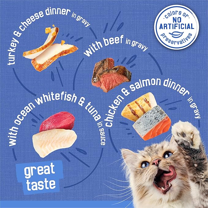 Friskies Purina Gravy Wet Cat Food Variety Pack, Savory Shreds with Beef, Turkey and Cheese Dinner, Chicken & Salmon Dinner, with Ocean Whitefish & Tuna - 5.5 oz. Cans (Pack of 64)