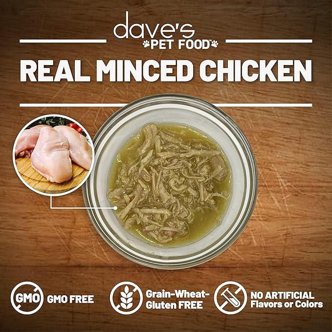 Dave's Pet Food Grain Free Wet Cat Food (Minced Chicken in Gravy), Naturally Healthy Canned, Added Vitamins & Minerals, Wheat, Gluten & GMO-Free, 2.8 oz (12 Pack)
