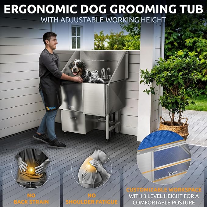 KANIS Professional Dog Washing Station 304 Stainless Steel Pet Wash Sink & Grooming Bathtub w/Shower, Floor Grates and Storage for Large, Medium & Small Pets (Silver, 40 Inches, Right Ramp, 1 Drawer)