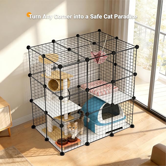 DIY Modular Cat Enclosure 3x3x2 Grid | Extra Large Indoor Cat Playpen | Foldable Black Wire Metal Cat Cage with Multi-Level Shelves | Approx. (43.7" x 29.5" x 43.3")