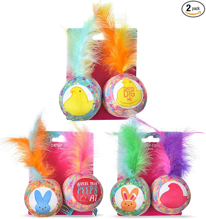 Peeps for Pets Jingle Bell Cat Toy- 2PK Assorted Backercard | Jingle Bell Catnip Cat Toys, 4"- 2 Count | Cat Toy Set with 2 Cat Toys | Catnip Cat Toys Feather Cat Toys Cat Bell Toy from Peeps