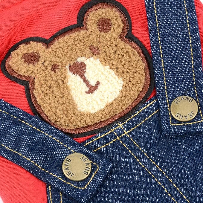 Dog Outfits for Small Dogs Boy Girl Spring Shirts Denim Bib Pants 2 Pockets Jumpsuits One Piece Apparel for Cats Puppies Chihuahua Clothes Adorable Overall for Medium Pet 4 Legs Autumn Red L