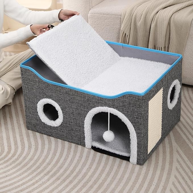 Large Cat Hideaway,Foldable Cat Scratcher House,Big Cat Bed for Idoor, Cute Cave with Ball Toy,Fabric Pet Furniture,Big Condo for Multi Small Pet Large Kitten Kitty (Grey,Rectangle)
