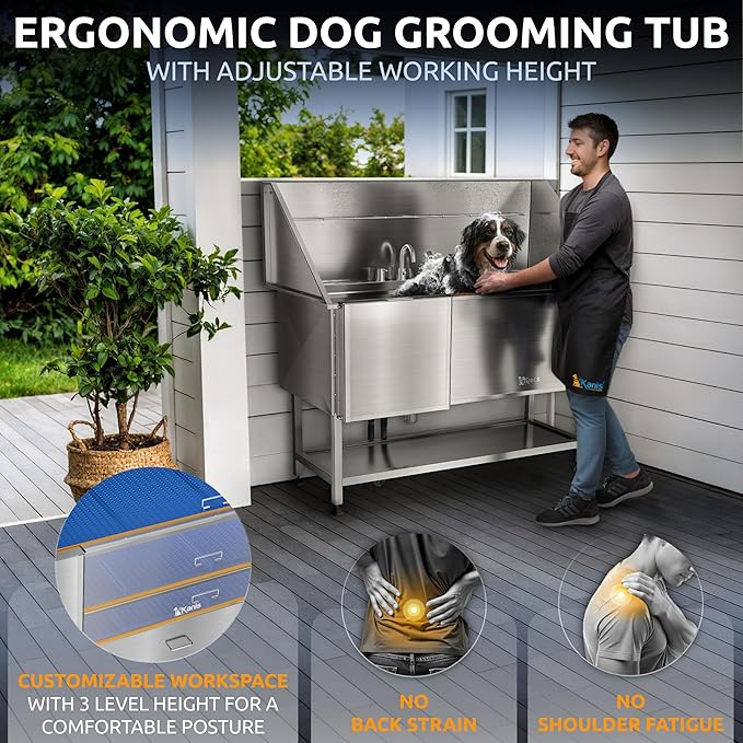 KANIS Professional Dog Washing Station 304 Stainless Steel Pet Wash Sink & Grooming Bathtub w/Shower, Floor Grates and Storage for Large, Medium & Small Pets (Silver, 61 Inches, Left Ramp, Shelf)