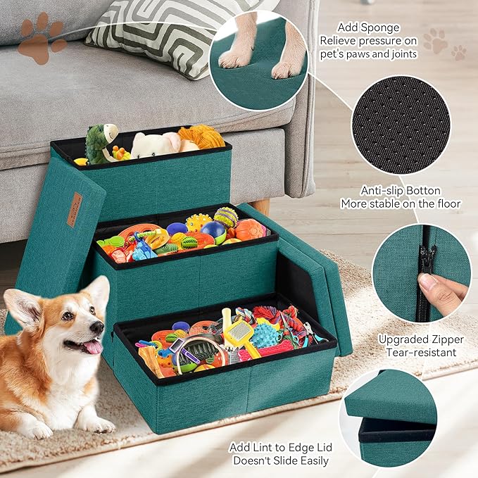 Zerbuger Dog Stairs with Storage 18" H, 3-Step Wider Dog Steps for Small/Medium/Large Old Dogs Cats, Folding Sturdy Pet Stairs for Climbing Bed Couch, Ramp for Car Hold Up to 200 lbs, Dark Green