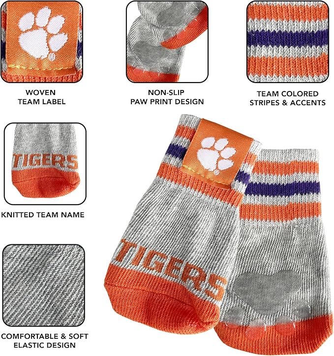 NCAA Clemson Tigers Anti Slip Dog Socks with Elastic Ribbed Top, Size X-Small/Small. Indoor/Outdoor Socks, Best Dog Paw Protector, 2 Pairs of Pet Socks with Your Favorite Collegiate Sports Team
