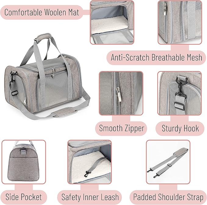 Mr. Pen- Pet Carrier, 17.5" x 11.2" x 11.5", Medium Size, Gray, Portable Travel Carrier for Small Pets, Cats & Small Dogs, Breathable Mesh, Safety Inner Leash, Side Pocket & Padded Shoulder Strap