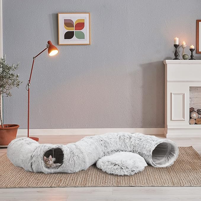 HAITRAL Plush 2-in-1 Cat Tunnel Bed,Cat Toys Cat Tube for Indoor Cats,Collapsible Washable Donut Cat Bed Cat Play Tunnel with Mat & Play Ball, Cat Cave Interactive Toys for Dog Bunny Cat Pet Supplies