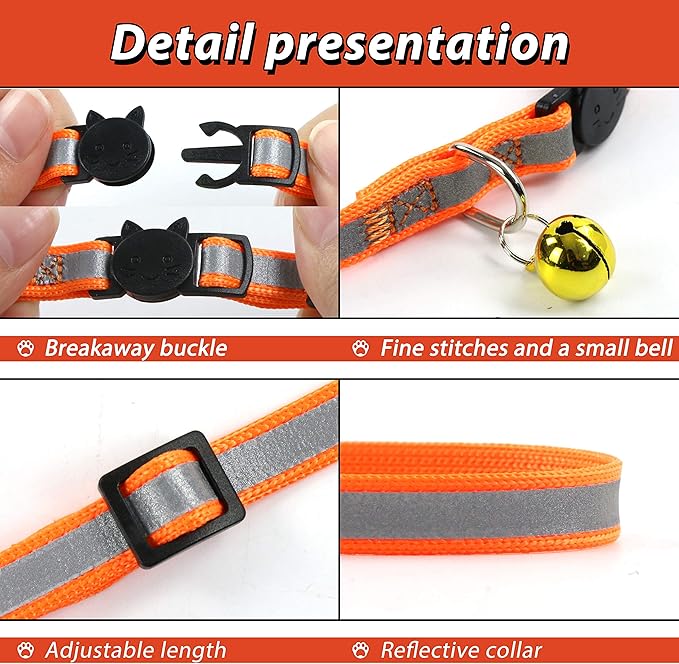 Personalized Reflective Breakaway Cat Collars Custom Laser Engraved Name Kitten Collar with Bells for Girl Boy Cat in Pink Blue Orange Red Black (Black)