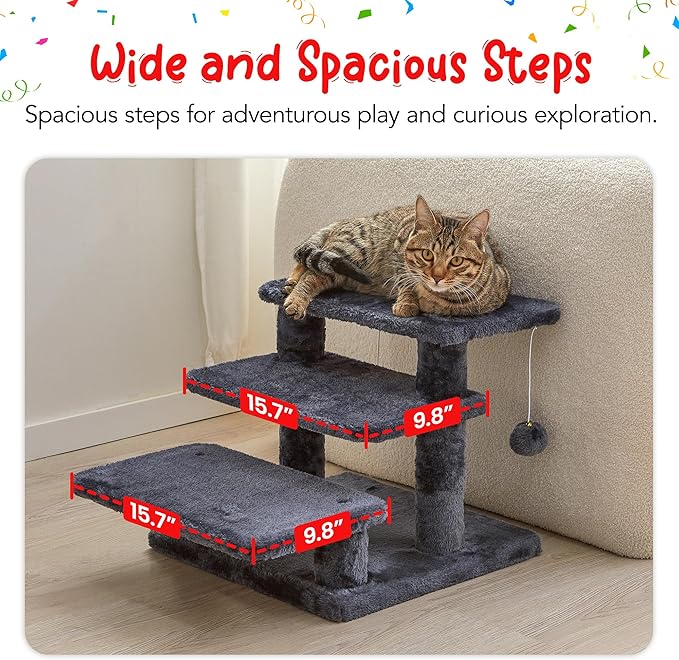 15''H Multi-Step Pet Stairs for High Beds & Sofas, 3-Step Cat Stairs with 2 Toy Balls, Wide Boards for Indoor Kittens Dogs Pets Climbing, Smoky Grey