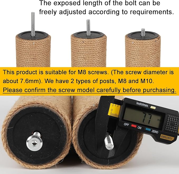 7.4cm 2.91in Diameter Cat Tree Scratching Post Replacement Jute Pole Parts for Cat Tower (9.84in/25cm, M8*2poles)