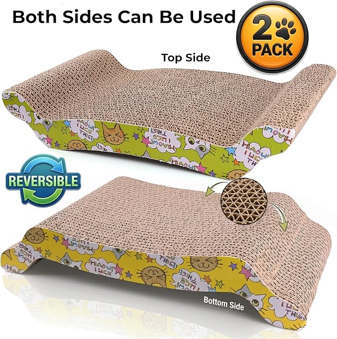 PrimePets Cat Scratcher Lounge 2-Pack, Reversible S-Shaped Corrugated Cardboard Cat Scratch Pad, Durable Cat Bed for Indoor Kittens & Small Cats, Includes Catnip, 17 x 8.5 Inches