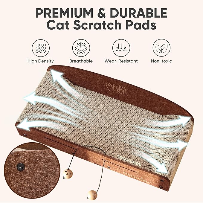 FUKUMARU 26 Inch Cat Scratcher Bed, 2 Reversible Cardboard Cat Scratch Pads Refill for Indoor Cats, Durable Large Cats Scratching Bed Sofa Couch Lounger with Fun Toys, Furniture Protector, Caramel