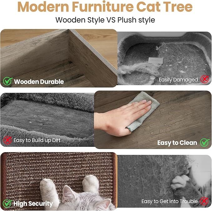 Modern Wood Cat Tree Tower for Indoor Large Cats, 33.8-Inch Tall Wooden Cat Trees with Big Perch Bed, Cat Scratching Pads, Washable Removable Cushions Scratching Mat, Cat Furniture, Greigy