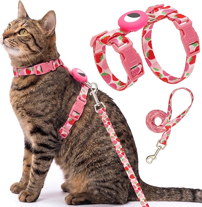Cat Harness and Leash Escape Proof for Walking Travel Outdoor - Cute Strawberry Nylon Adjustable Cute Cat Harness Leash Set with Airtag Holder for Small Large Cats