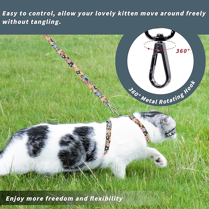 Seyezo Cat Harness and Leash Set, Adjustable Kitten Harness Escape Proof Cats Harness, Soft Lightweight Walking Travel Pet Harness, Cute Kitty Harness Leash Set for Small Medium Cats, Multi-Floral