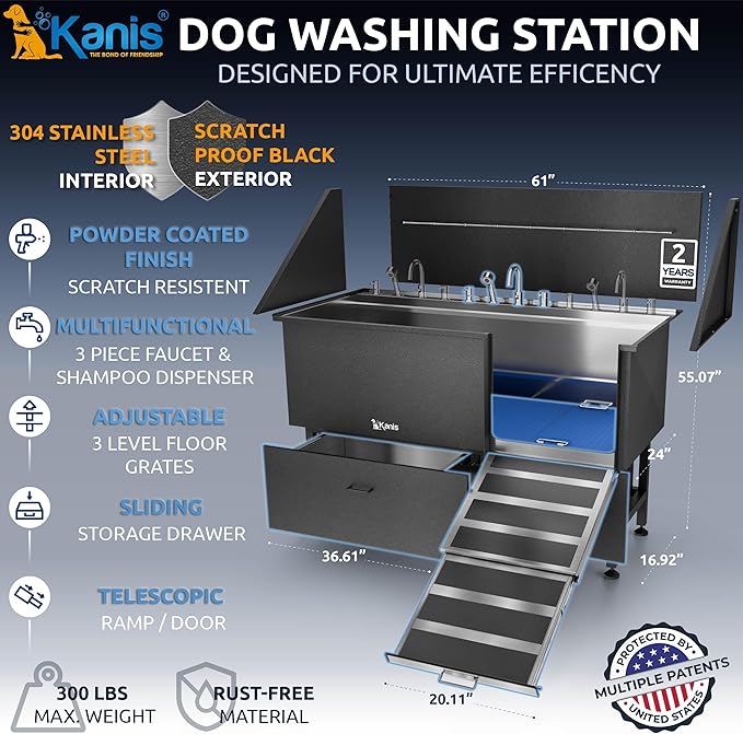 KANIS Professional Dog Washing Station 304 Stainless Steel Pet Wash Sink & Grooming Bathtub w/Shower, Floor Grates and Storage for Large, Medium & Small Pets (Black, 61 Inches, Right Ramp, 2 Drawers)
