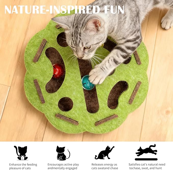 Interactive Cat Puzzle Toy for Indoor Cats, Felt Cat Puzzle Feeder Box with 3 Metal Balls and Wand. Cat Scratch Puzzle Enrichment Box for Self-Play & Encourages Hunting Instincts.