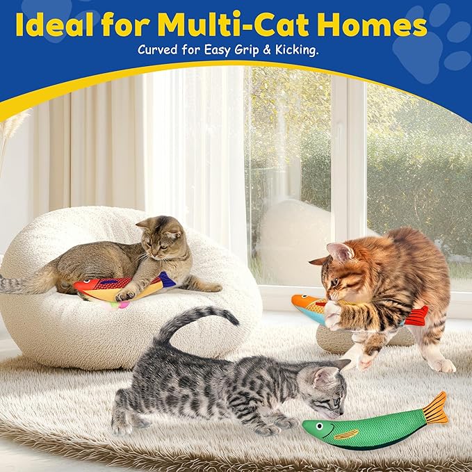 3D Realistic Catnip Cat Toys 3 Pack, Durable Catnip Fish Kicker Toy for Indoor Cats, Interactive Cat Chew Toy for Teething & Biting, Rattle Fish Toy
