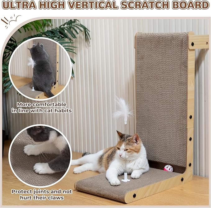 COZIWOW L-Shape Cat Scratcher Lounge, Corrugated Cardboard Scratching Pad for Indoor Cats, Durable Cat Furniture with Spring Toy (Walnut)