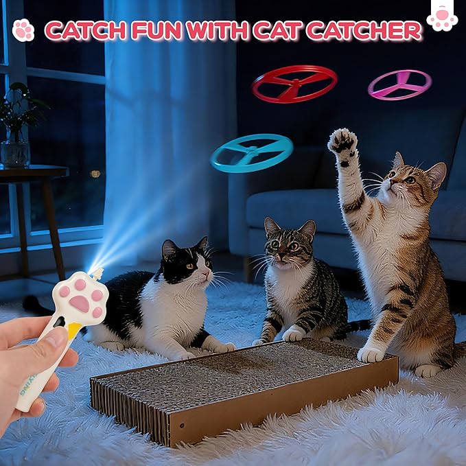 Cat Fetch Toy for Yard Chase, Rechargeable Flying Disc Launcher with 6 Flying Discs, Interactive Cat Hunting Toys for Outdoor & Indoor (White)