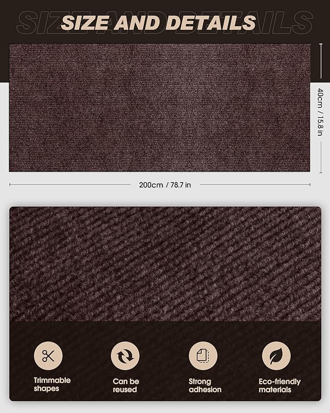 VIVOYAN 78.7"x15.8" Cat Scratch Mat,Trimmable Self-Adhesive Carpet,DIY Climb Cat Scratcher for Cat Couch Furniture or Wall Protector,Covering Cat Tower,and Replacement Pads (Brown)