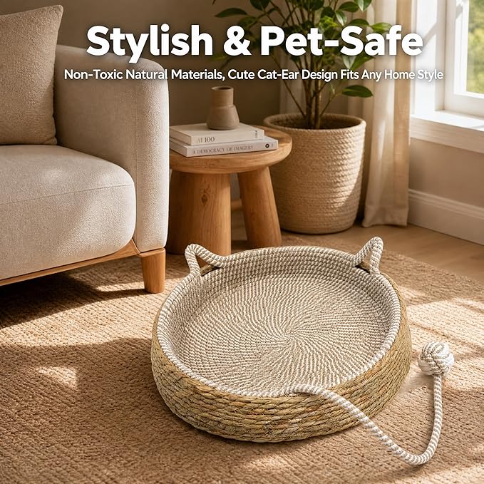 Handwoven Cat Basket Basket with Cotton Rope Liner Cat Ear Design Round Cat Scratcher Bed with Interactive Toy Ball Breathable All Season Scratch-Resistant Woven Cat Bed for Indoor Cats All Breeds