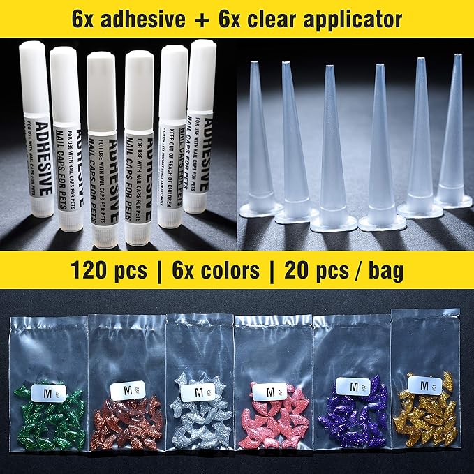 zetpo Glitter Cat Nail Caps | Cat Claw Covers | with Adhesives and Applicators (6X Glitter | 120 pcs, M)