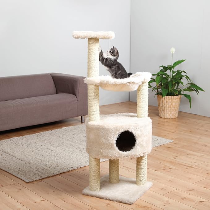 TRIXIE Baza 52" Cat Tower, Indoor Cat Furniture with Sisal Scratching Posts & Plush Covered Condo, Perch, and Hammock, Toy on String, Cream